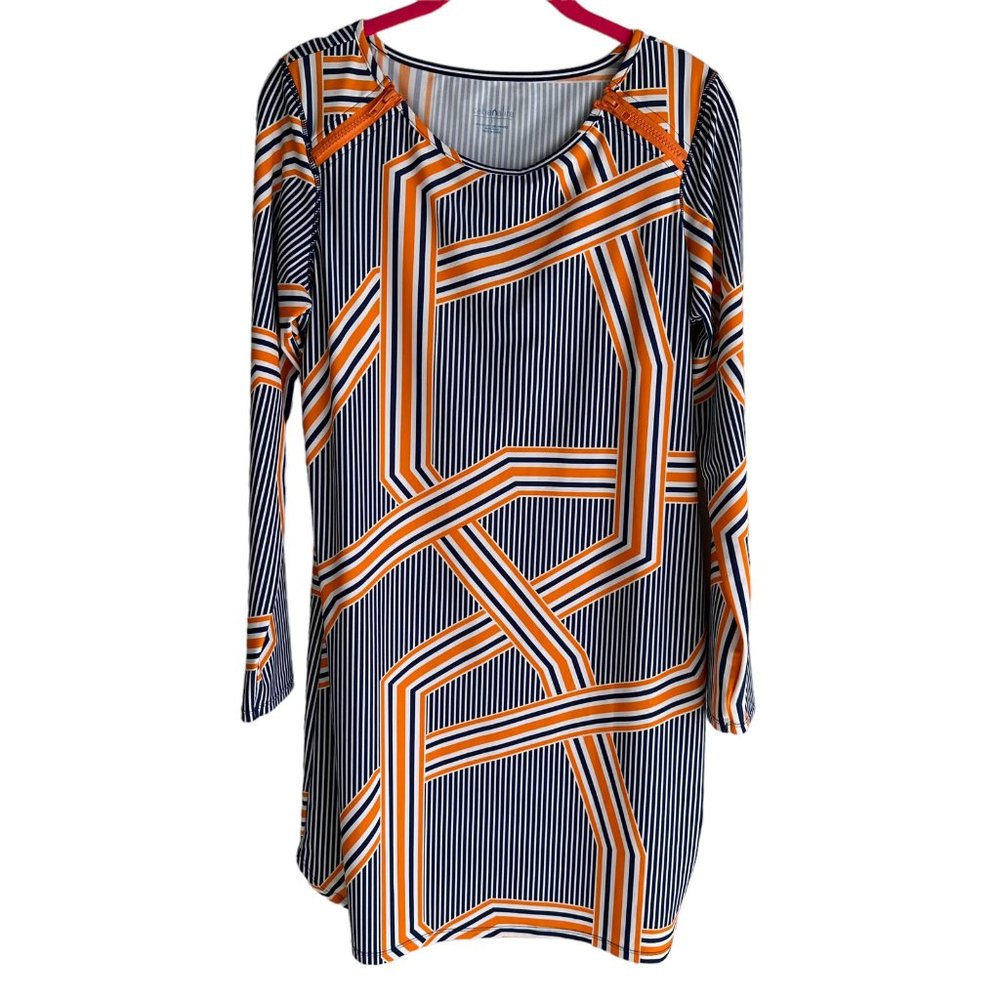 CABANA LIFE Navy & Orange Drive Zip Shoulder Ladies Summer Beach Dress, L